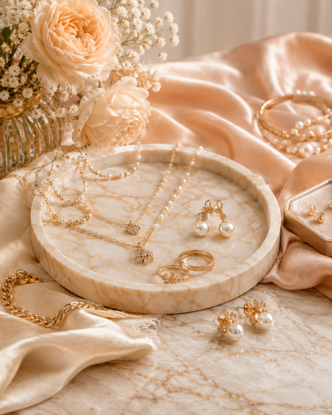 Gold jewelry and pearl pieces arranged on a marble tray