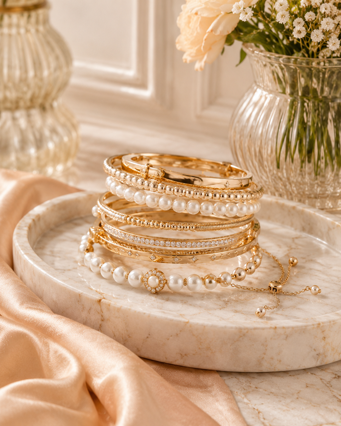 Gold and pearl bracelets arranged beside flowers