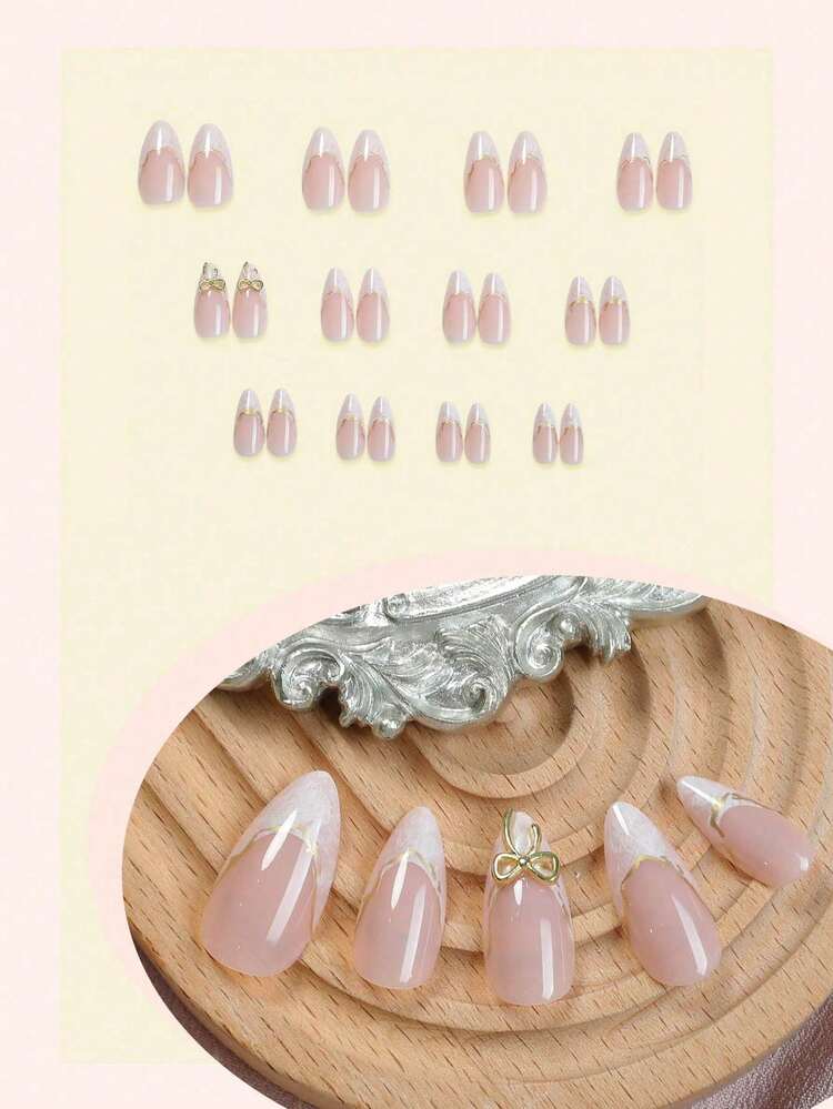 Ombre Almond French Press-On Nails with Gold Bow - 24pcs detail photo 3 - Press-On Nails at ShopKaar