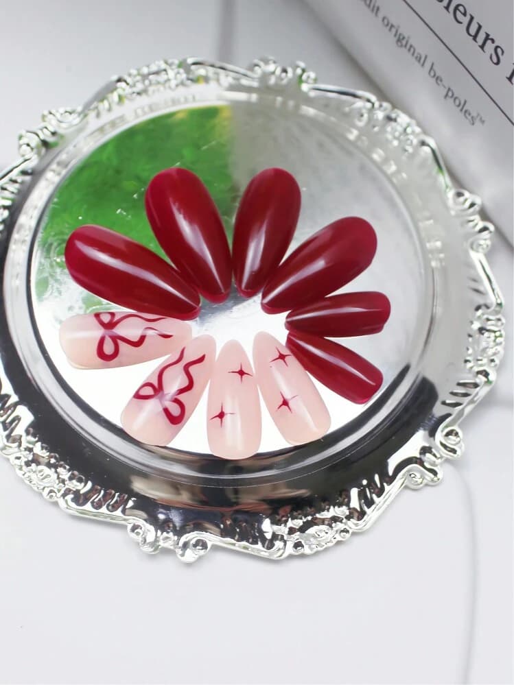 Wine Red Almond French Press-On Nails with Bow Decor - 24pcs detail photo 3 - Press-On Nails at ShopKaar