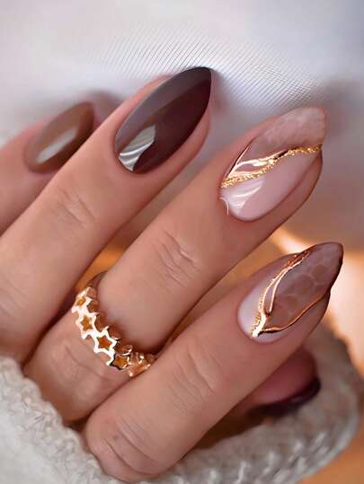 Nude Almond Press-On Nails with Gold Line Art - 24pcs main product photo - Press-On Nails at ShopKaar