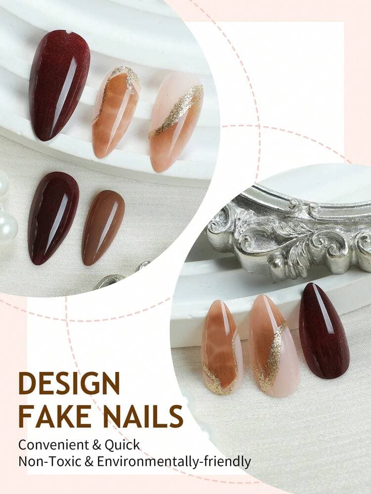 Nude Almond Press-On Nails with Gold Line Art - 24pcs detail photo 3 - Press-On Nails at ShopKaar