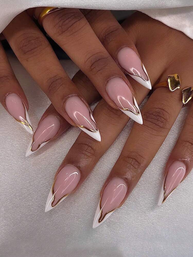 White and Gold French Almond Press-On Nails - 24pcs detail photo 2 - Press-On Nails at ShopKaar