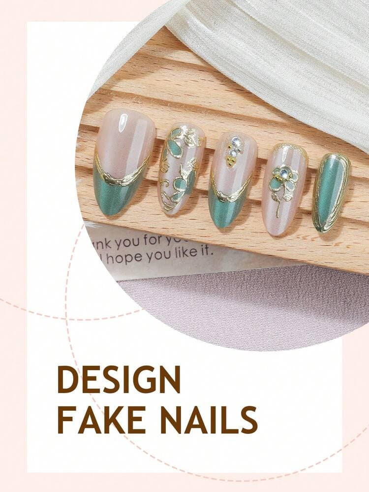 Gold Y2K Almond False Nails with Green Cat Eye Decor - 10pcs detail photo 4 - Press-On Nails at ShopKaar