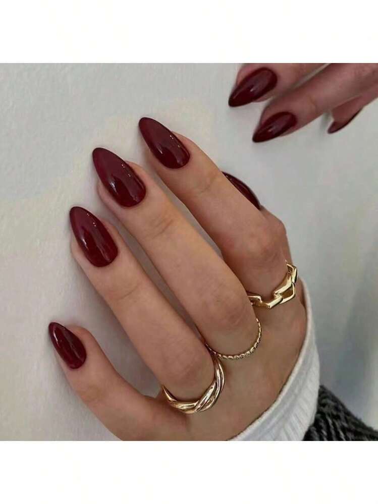 Solid Burgundy Glossy Almond Press-On Nails - 30pcs detail photo 2 - Press-On Nails at ShopKaar