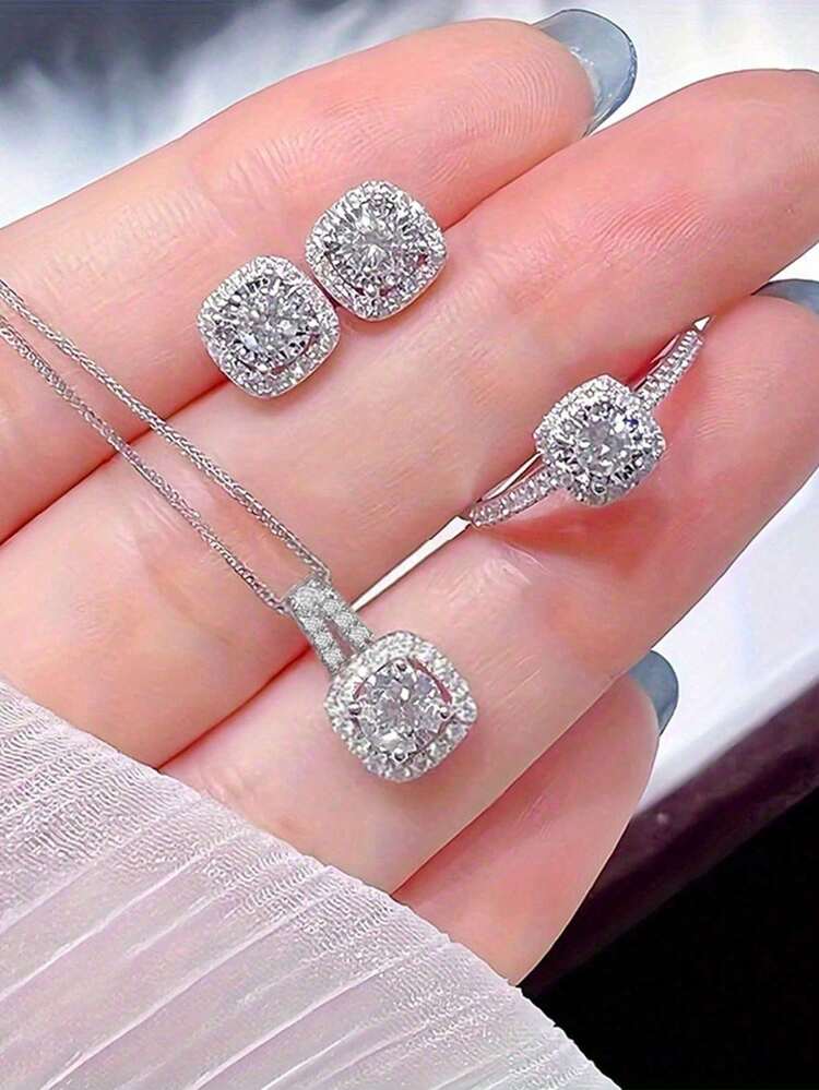 Rectangular Rhinestone Jewelry Set - 4pcs detail photo 2 - Jewelry Sets at ShopKaar
