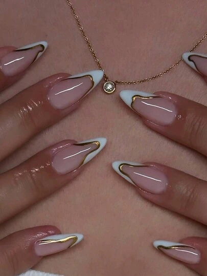 24pcs Medium Almond-Shaped Nail Stickers, Red French Tip & Red Line Design, Glossy Full Coverage False Nails, Suitable For Women And Girls Daily Wear - Includes Nail File And Gel Nail Supplies - view 1