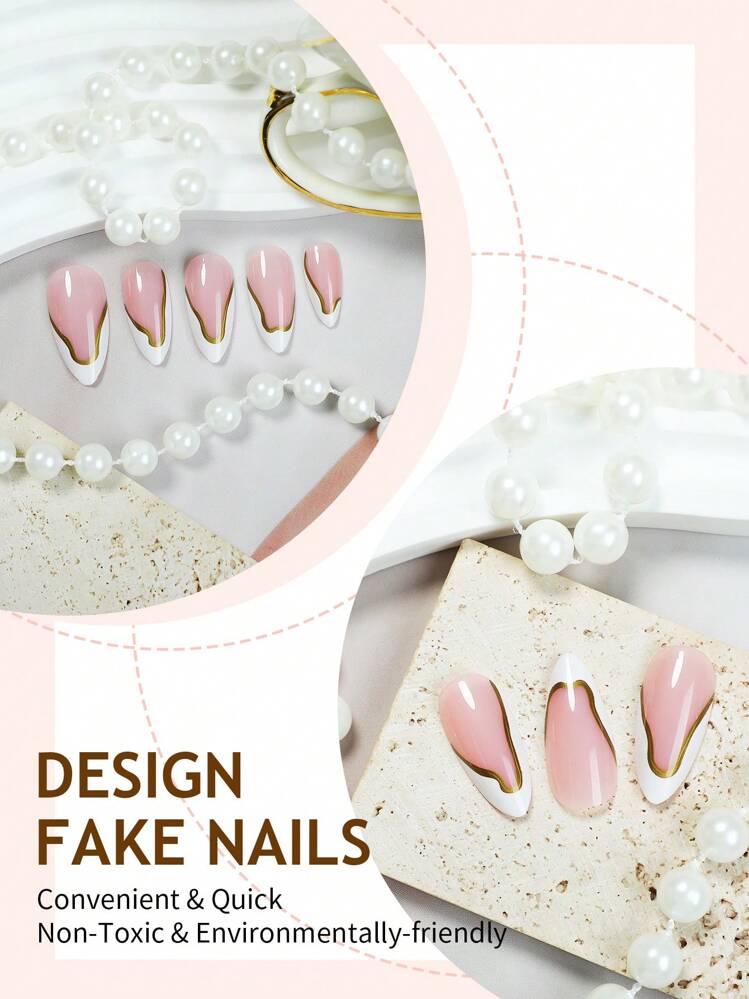 24pcs Medium Almond-Shaped Nail Stickers, Red French Tip & Red Line Design, Glossy Full Coverage False Nails, Suitable For Women And Girls Daily Wear - Includes Nail File And Gel Nail Supplies - view 4