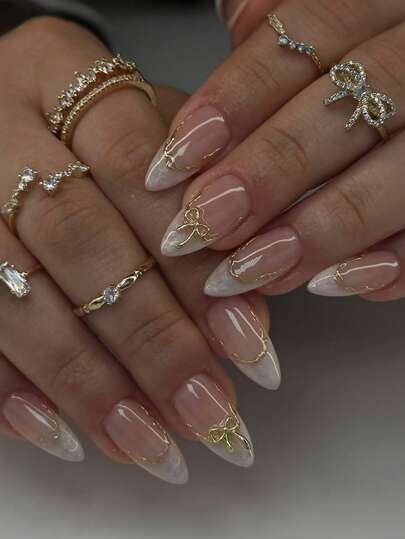 24pcs French Almond Shaped Ombre Nail Stickers, Y2K Style With 3D Gold Bow Decor, Shiny & Glossy, Removable Design, Full Coverage, Suitable For Women's Daily Wear Nails Nail Supplies - view 1