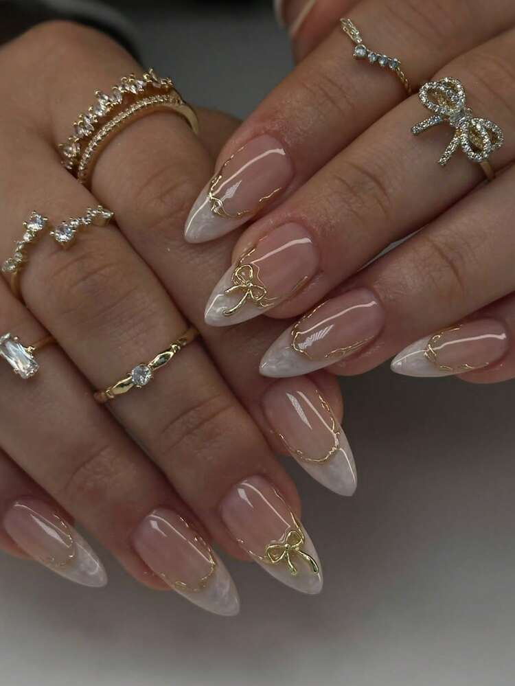 24pcs French Almond Shaped Ombre Nail Stickers, Y2K Style With 3D Gold Bow Decor, Shiny & Glossy, Removable Design, Full Coverage, Suitable For Women's Daily Wear Nails Nail Supplies - view 2