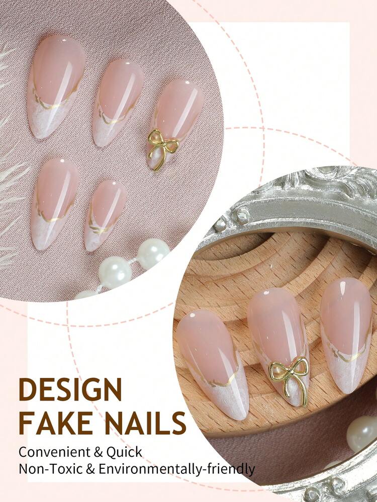 24pcs French Almond Shaped Ombre Nail Stickers, Y2K Style With 3D Gold Bow Decor, Shiny & Glossy, Removable Design, Full Coverage, Suitable For Women's Daily Wear Nails Nail Supplies - view 4