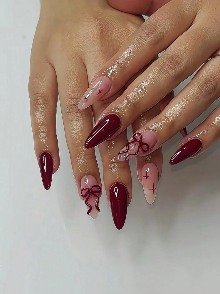 24pcs Wine Red Almond French Press-On Fake Nails With Comet & Bow Decor, Glossy Effect, Includes 1pc Jelly Gel & 1pc Nail Buffer. Best Choice For Women To Showcase Beauty. Suitable For Casual, Party, And Formal Occasions. Nail Art Supplies - view 2