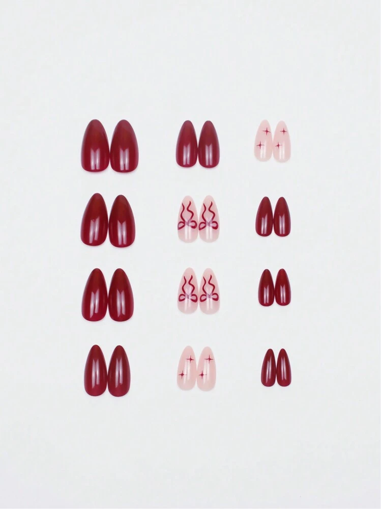 24pcs Wine Red Almond French Press-On Fake Nails With Comet & Bow Decor, Glossy Effect, Includes 1pc Jelly Gel & 1pc Nail Buffer. Best Choice For Women To Showcase Beauty. Suitable For Casual, Party, And Formal Occasions. Nail Art Supplies - view 5