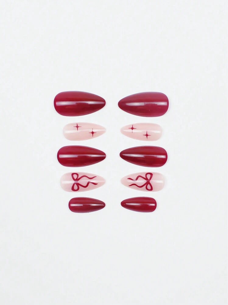24pcs Wine Red Almond French Press-On Fake Nails With Comet & Bow Decor, Glossy Effect, Includes 1pc Jelly Gel & 1pc Nail Buffer. Best Choice For Women To Showcase Beauty. Suitable For Casual, Party, And Formal Occasions. Nail Art Supplies - view 6