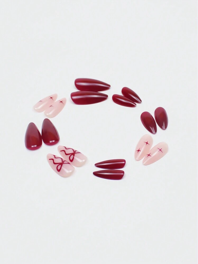 24pcs Wine Red Almond French Press-On Fake Nails With Comet & Bow Decor, Glossy Effect, Includes 1pc Jelly Gel & 1pc Nail Buffer. Best Choice For Women To Showcase Beauty. Suitable For Casual, Party, And Formal Occasions. Nail Art Supplies - view 7