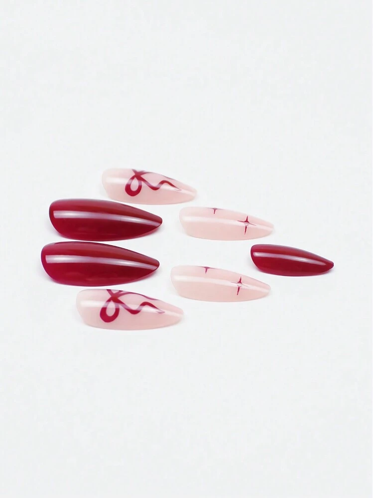 24pcs Wine Red Almond French Press-On Fake Nails With Comet & Bow Decor, Glossy Effect, Includes 1pc Jelly Gel & 1pc Nail Buffer. Best Choice For Women To Showcase Beauty. Suitable For Casual, Party, And Formal Occasions. Nail Art Supplies - view 8