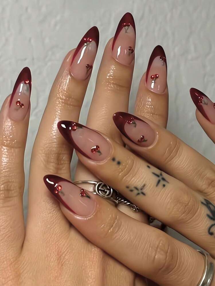 24pcs Medium Almond-Shaped Nail Stickers, Burgundy French Manicure Design With Summer Cherry Rhinestones, Retro Full Coverage, Suitable For Women And Girls Nails In Summer, Nail Art Supplies. - view 2