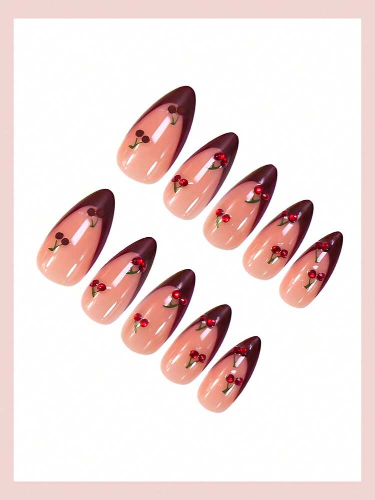 24pcs Medium Almond-Shaped Nail Stickers, Burgundy French Manicure Design With Summer Cherry Rhinestones, Retro Full Coverage, Suitable For Women And Girls Nails In Summer, Nail Art Supplies. - view 3