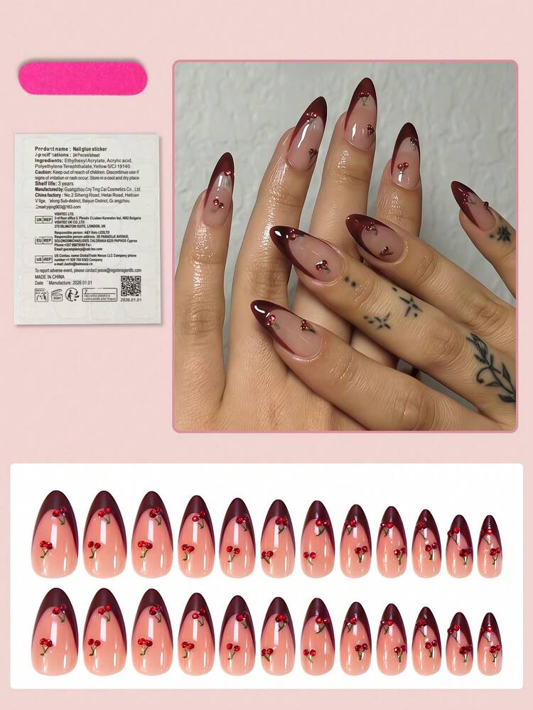 24pcs Medium Almond-Shaped Nail Stickers, Burgundy French Manicure Design With Summer Cherry Rhinestones, Retro Full Coverage, Suitable For Women And Girls Nails In Summer, Nail Art Supplies. - view 4