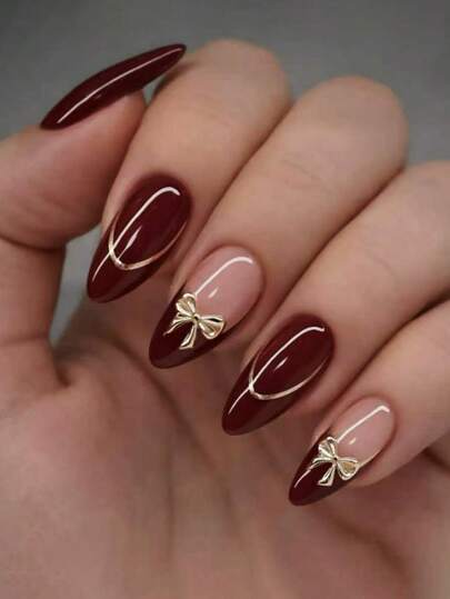 24pcs Medium Almond Shaped Press-On Nails, Vintage Red & Gold Line French Y2K Red 3D Fake Nails Set With Bow Decor, Suitable For Nail Salons, Girls & Women For Daily Wear, Holidays & Gifts - view 1