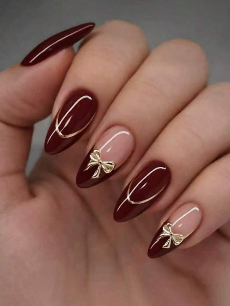 24pcs Medium Almond Shaped Press-On Nails, Vintage Red & Gold Line French Y2K Red 3D Fake Nails Set With Bow Decor, Suitable For Nail Salons, Girls & Women For Daily Wear, Holidays & Gifts - view 2