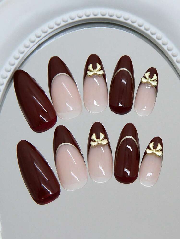 24pcs Medium Almond Shaped Press-On Nails, Vintage Red & Gold Line French Y2K Red 3D Fake Nails Set With Bow Decor, Suitable For Nail Salons, Girls & Women For Daily Wear, Holidays & Gifts - view 3