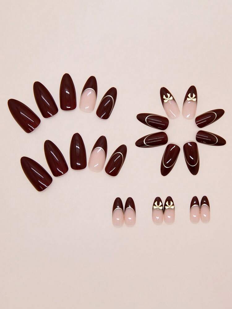 24pcs Medium Almond Shaped Press-On Nails, Vintage Red & Gold Line French Y2K Red 3D Fake Nails Set With Bow Decor, Suitable For Nail Salons, Girls & Women For Daily Wear, Holidays & Gifts - view 4