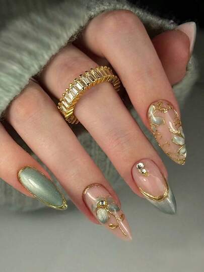 10pcs Y2K Style Gold Almond-Shaped Long Sequin False Nails Set, Includes 3D Green Cat Eye Rhinestone Decor Accessories, Suitable For Nail Salons, Daily Wear, Festivals, Gifts - view 1