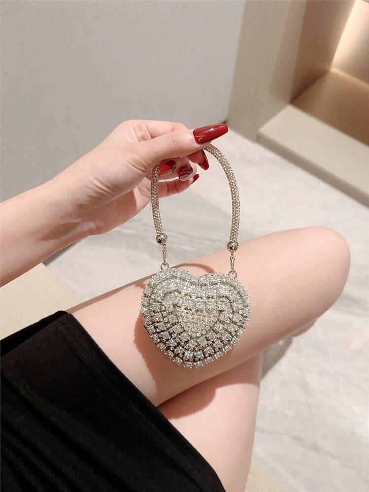 1pc Glittering Cute Mini Rhinestone Heart Shaped Clutch Bag, Luxury High-End Sparkling Tassel Rhinestone Handbag For Party/Wedding, Suitable For Valentine's Day Gift, Date, Limited Space, Party Bags, Perfect For Party, Wedding, Prom, Dinner/Banquet, Heart Purse, Perfectly Match With Valentine Day Dress, Glamorous Rhinestone Bag , Kawaii, Party Bags - view 2