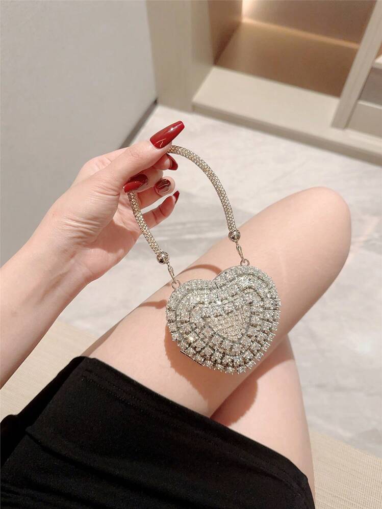 1pc Glittering Cute Mini Rhinestone Heart Shaped Clutch Bag, Luxury High-End Sparkling Tassel Rhinestone Handbag For Party/Wedding, Suitable For Valentine's Day Gift, Date, Limited Space, Party Bags, Perfect For Party, Wedding, Prom, Dinner/Banquet, Heart Purse, Perfectly Match With Valentine Day Dress, Glamorous Rhinestone Bag , Kawaii, Party Bags - view 3