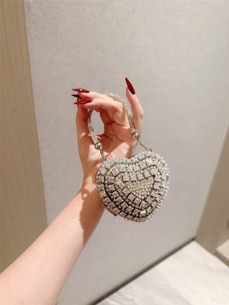 1pc Glittering Cute Mini Rhinestone Heart Shaped Clutch Bag, Luxury High-End Sparkling Tassel Rhinestone Handbag For Party/Wedding, Suitable For Valentine's Day Gift, Date, Limited Space, Party Bags, Perfect For Party, Wedding, Prom, Dinner/Banquet, Heart Purse, Perfectly Match With Valentine Day Dress, Glamorous Rhinestone Bag , Kawaii, Party Bags - view 4