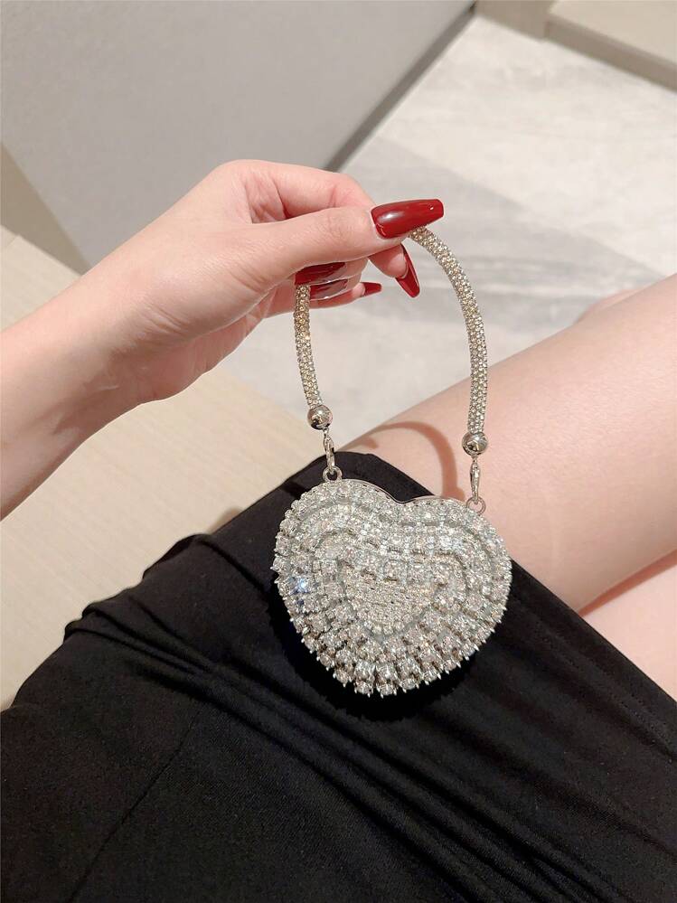 1pc Glittering Cute Mini Rhinestone Heart Shaped Clutch Bag, Luxury High-End Sparkling Tassel Rhinestone Handbag For Party/Wedding, Suitable For Valentine's Day Gift, Date, Limited Space, Party Bags, Perfect For Party, Wedding, Prom, Dinner/Banquet, Heart Purse, Perfectly Match With Valentine Day Dress, Glamorous Rhinestone Bag , Kawaii, Party Bags - view 5