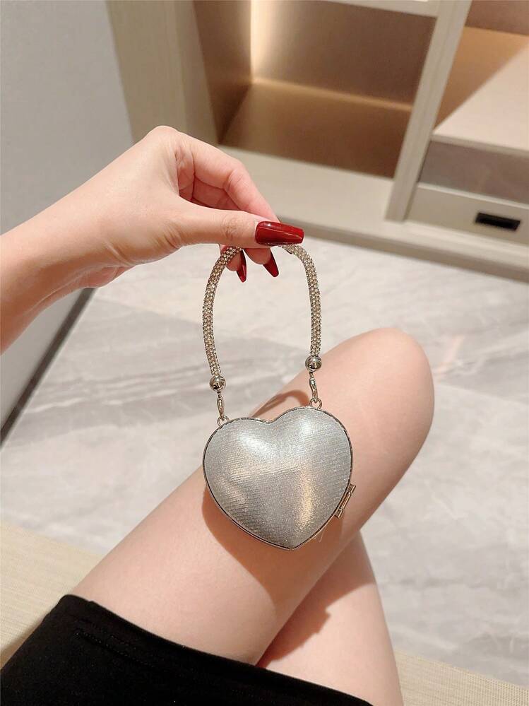 1pc Glittering Cute Mini Rhinestone Heart Shaped Clutch Bag, Luxury High-End Sparkling Tassel Rhinestone Handbag For Party/Wedding, Suitable For Valentine's Day Gift, Date, Limited Space, Party Bags, Perfect For Party, Wedding, Prom, Dinner/Banquet, Heart Purse, Perfectly Match With Valentine Day Dress, Glamorous Rhinestone Bag , Kawaii, Party Bags - view 6
