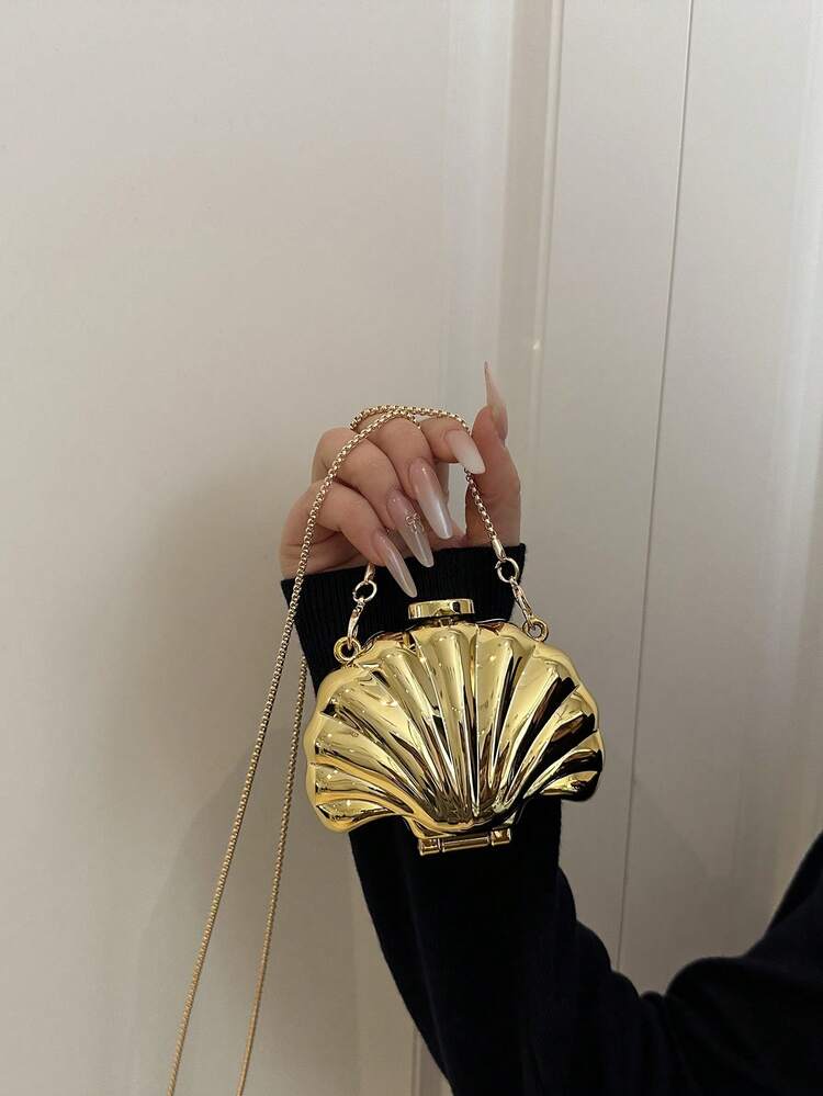 1pc Shell Shaped Decorative Bag, Mini Evening Clutch, Women's Personalized Fashion Chain Lipstick Bag Suitable For Valentine's Day, Party, Date, Shoulder Crossbody Bag, Coin Purse, Golden Earphone Case, Women Gift, Hard Case - view 4