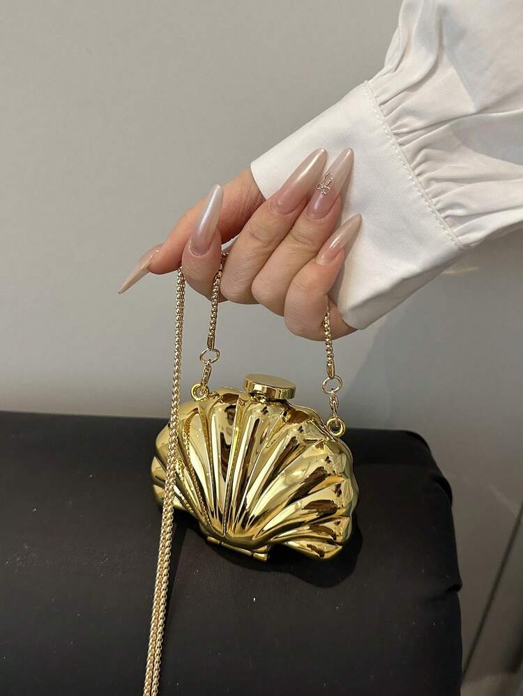 1pc Shell Shaped Decorative Bag, Mini Evening Clutch, Women's Personalized Fashion Chain Lipstick Bag Suitable For Valentine's Day, Party, Date, Shoulder Crossbody Bag, Coin Purse, Golden Earphone Case, Women Gift, Hard Case - view 5