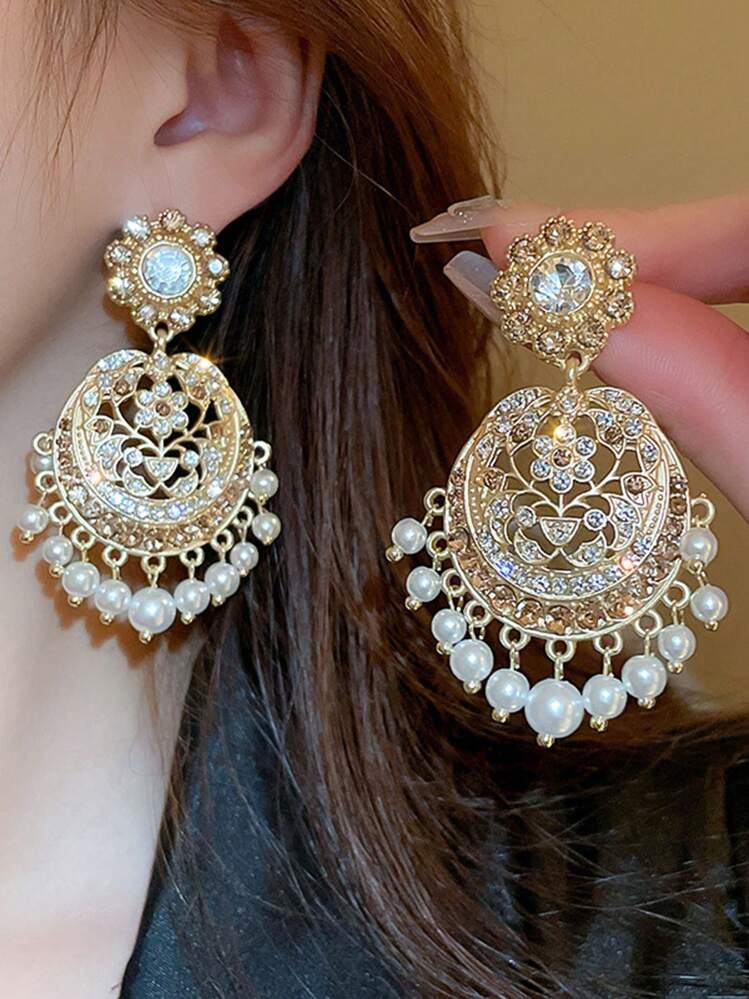 1pair Vintage Court Style Round Ear Studs With Pearl & Rhinestone, French Fashion Personalized Elegant Luxurious Earrings - view 2
