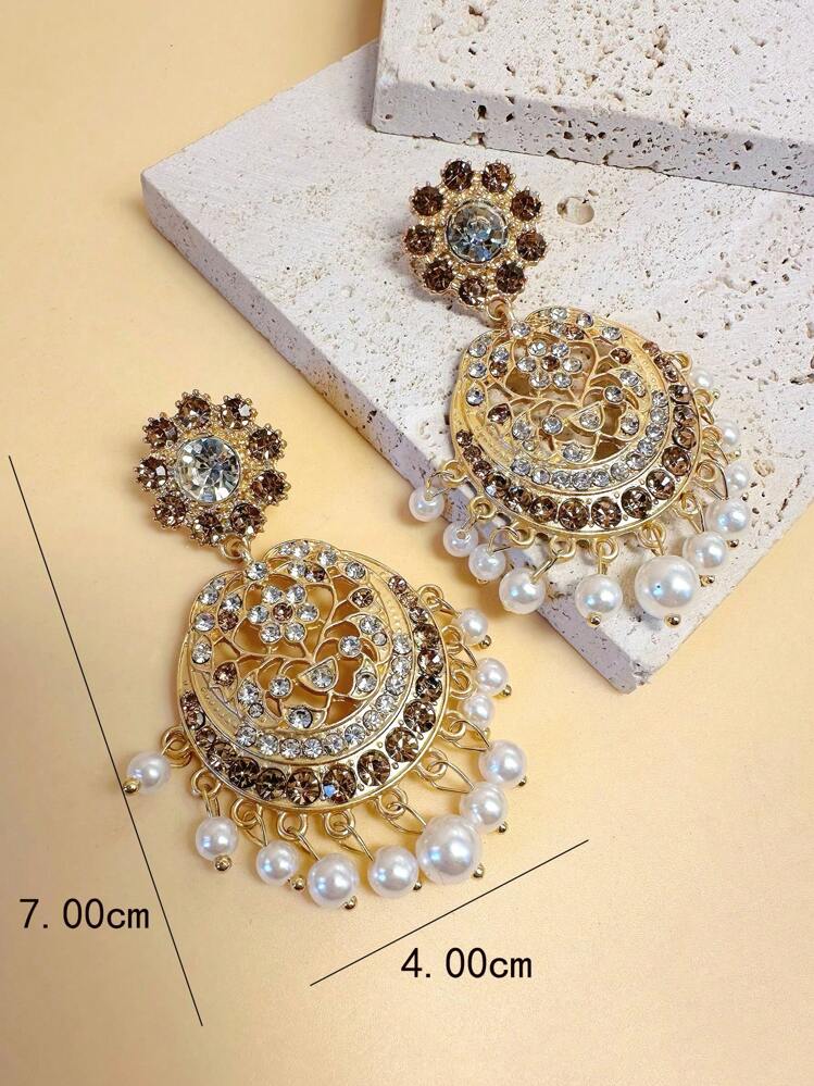 1pair Vintage Court Style Round Ear Studs With Pearl & Rhinestone, French Fashion Personalized Elegant Luxurious Earrings - view 3