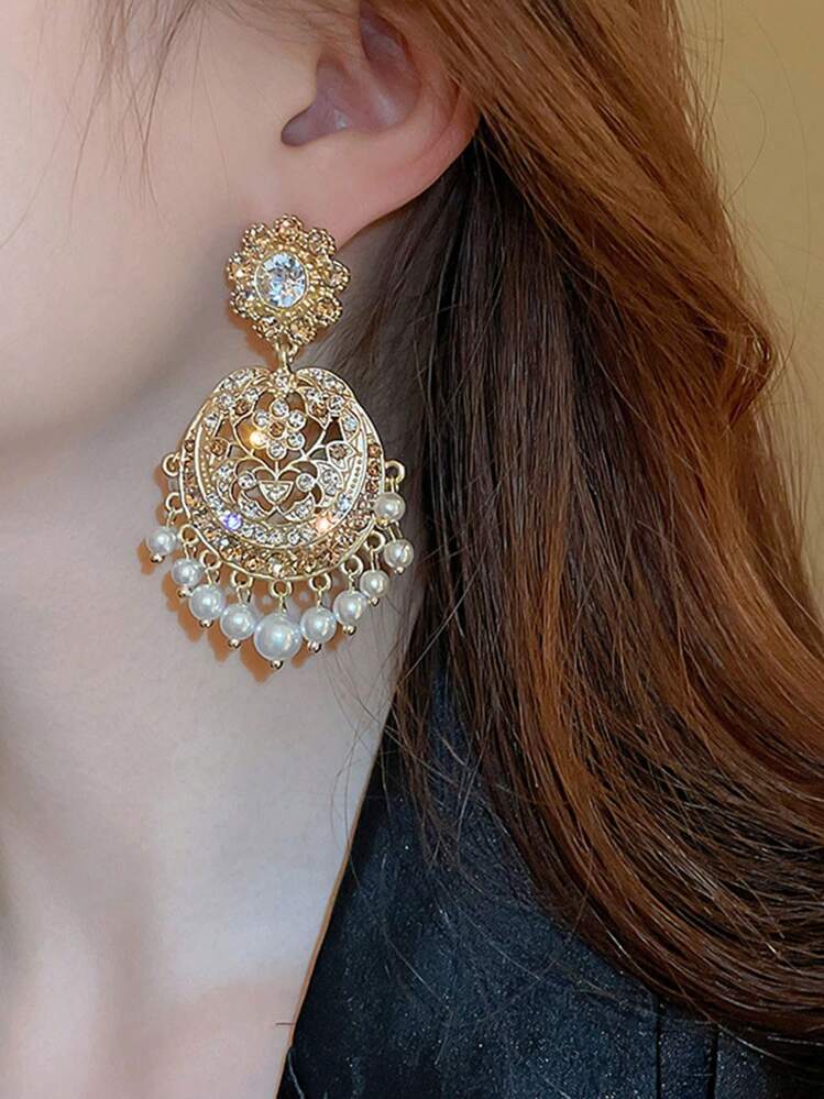 1pair Vintage Court Style Round Ear Studs With Pearl & Rhinestone, French Fashion Personalized Elegant Luxurious Earrings - view 4