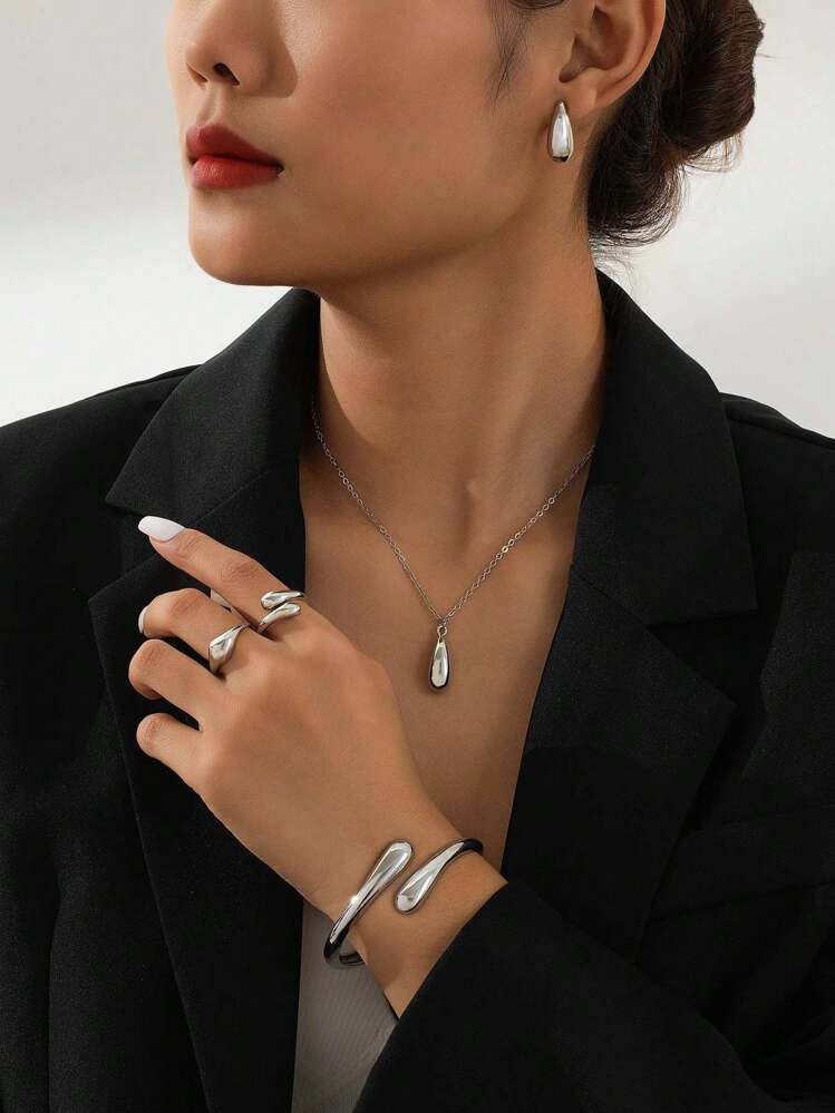 1set Minimalist Alloy Teardrop Bracelet, Ring, Necklace And Earrings Set, Everyday Accessories And Holiday Gift For Women - view 2