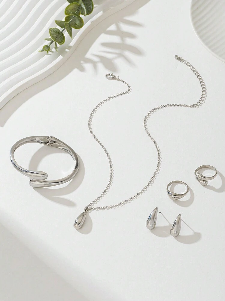 1set Minimalist Alloy Teardrop Bracelet, Ring, Necklace And Earrings Set, Everyday Accessories And Holiday Gift For Women - view 4