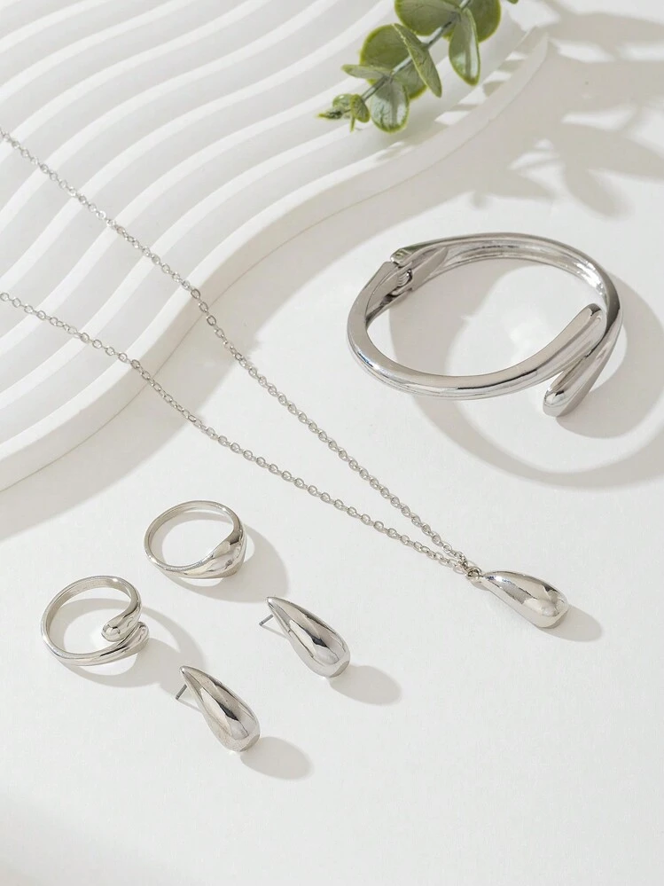 1set Minimalist Alloy Teardrop Bracelet, Ring, Necklace And Earrings Set, Everyday Accessories And Holiday Gift For Women - view 5