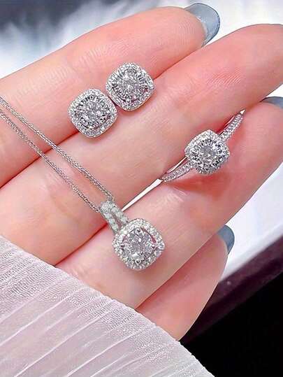 4pcs/Set Rectangular Rhinestone Earrings, Necklace And Ring Set, Elegant Luxury Style, Sophisticated Women's Gift - view 1