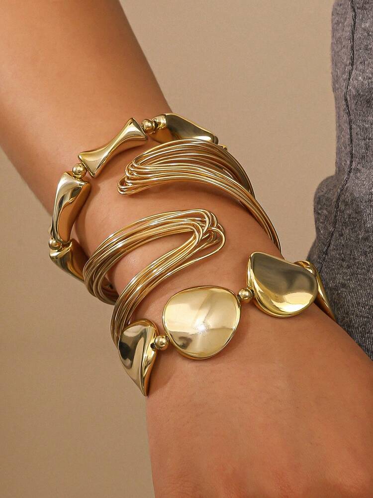 3pcs Fashionable Asymmetrical Shaped Bracelet & Bangle Set For Women, Suitable For Daily Wear, Party, Gift, Jewelry (2 Bracelets Are Plastic Material) - view 1
