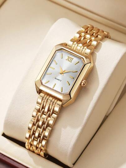 1pc Women's Fashion Casual Square Dial Steel Band Quartz Wrist Watch, Chic Style (Excluding Watch Box) - view 1