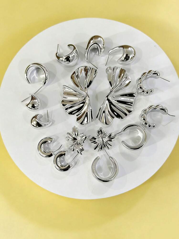 4/6/16pcs Silver Tone Fashion Earring Set For Women, Includes Left & Right Ear Flowers, Five-Leaf Flowers, Teardrop, Heart, Small C-Shape Designs, Stylish & Elegant, Suitable For Daily Wear, Gatherings, Parties. Great Gift For Girlfriends, Mothers. - view 3