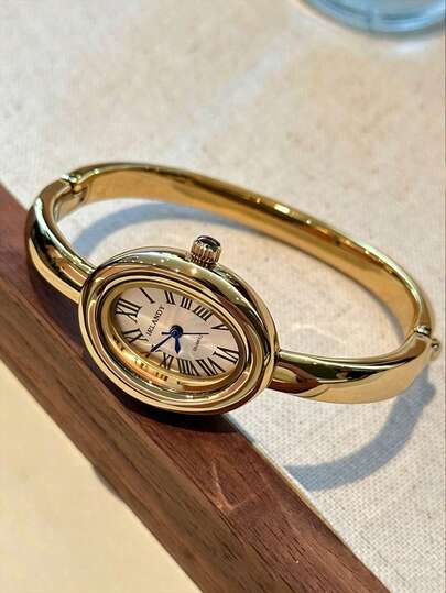 1pc Women's Bracelet Watch, Oval Roman Numeral Small Dial, Non-Adjustable Strap, Retro British Style, Niche Luxury Quartz Watch, Suitable For Occasions Like Holidays, Parties, Weddings, Back To School, Christmas, Thanksgiving, Halloween, Easter, Best Gift For Women - view 1