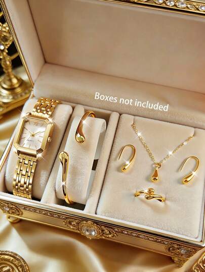 6pcs Teenage Watch Set - Gold Strap, Stainless Steel Dial Design Quartz Watch With Necklace, Bracelet, Ring, Earrings, Best Birthday Gift For Her, Suitable For Daily Wear, Parties, Halloween, Christmas - view 1
