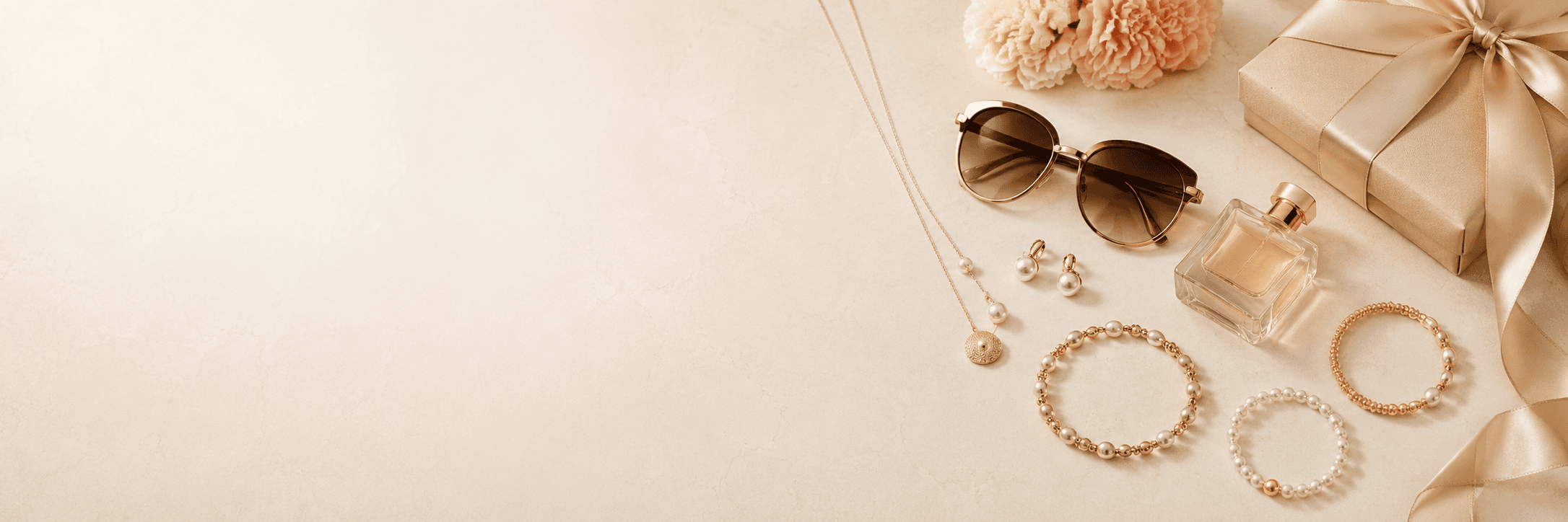 Gold and pearl jewellery arranged beside flowers and gift packaging