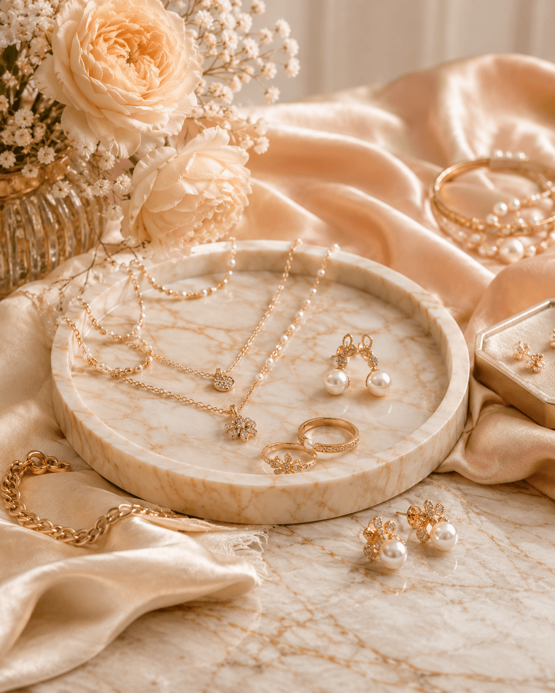 Gold jewellery and pearl pieces arranged on a marble tray